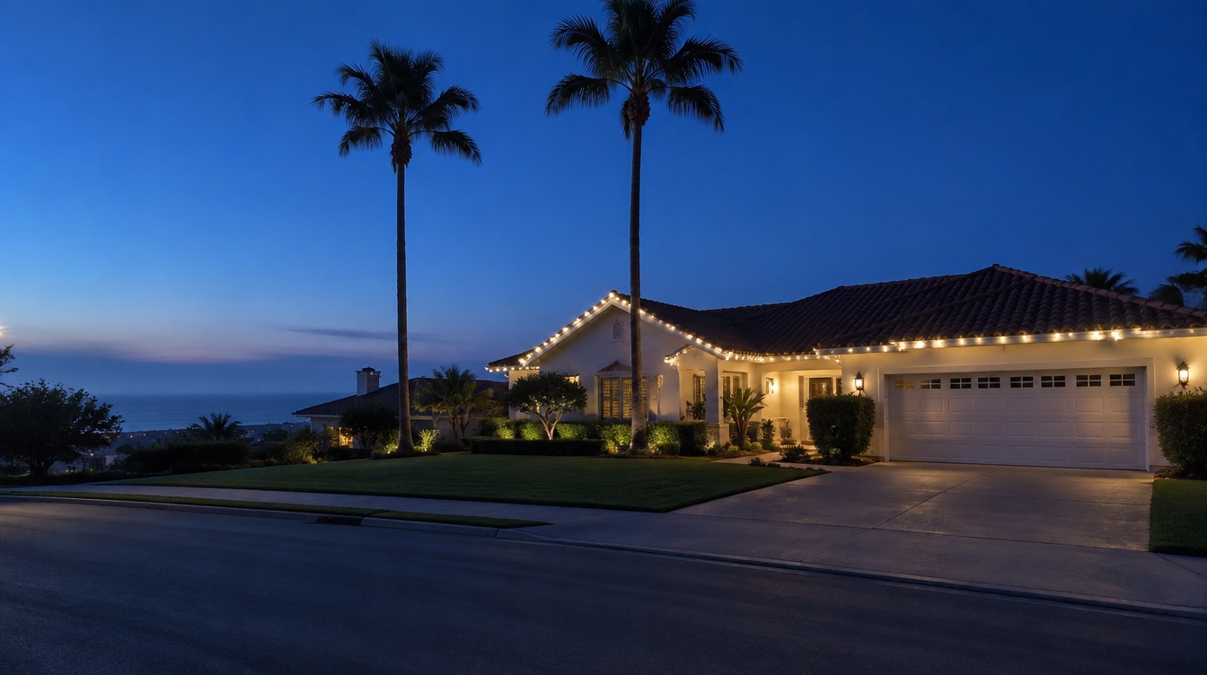 Coastal Southern California home at dusk with warm-white roofline lights, palm trees and the ocean behind