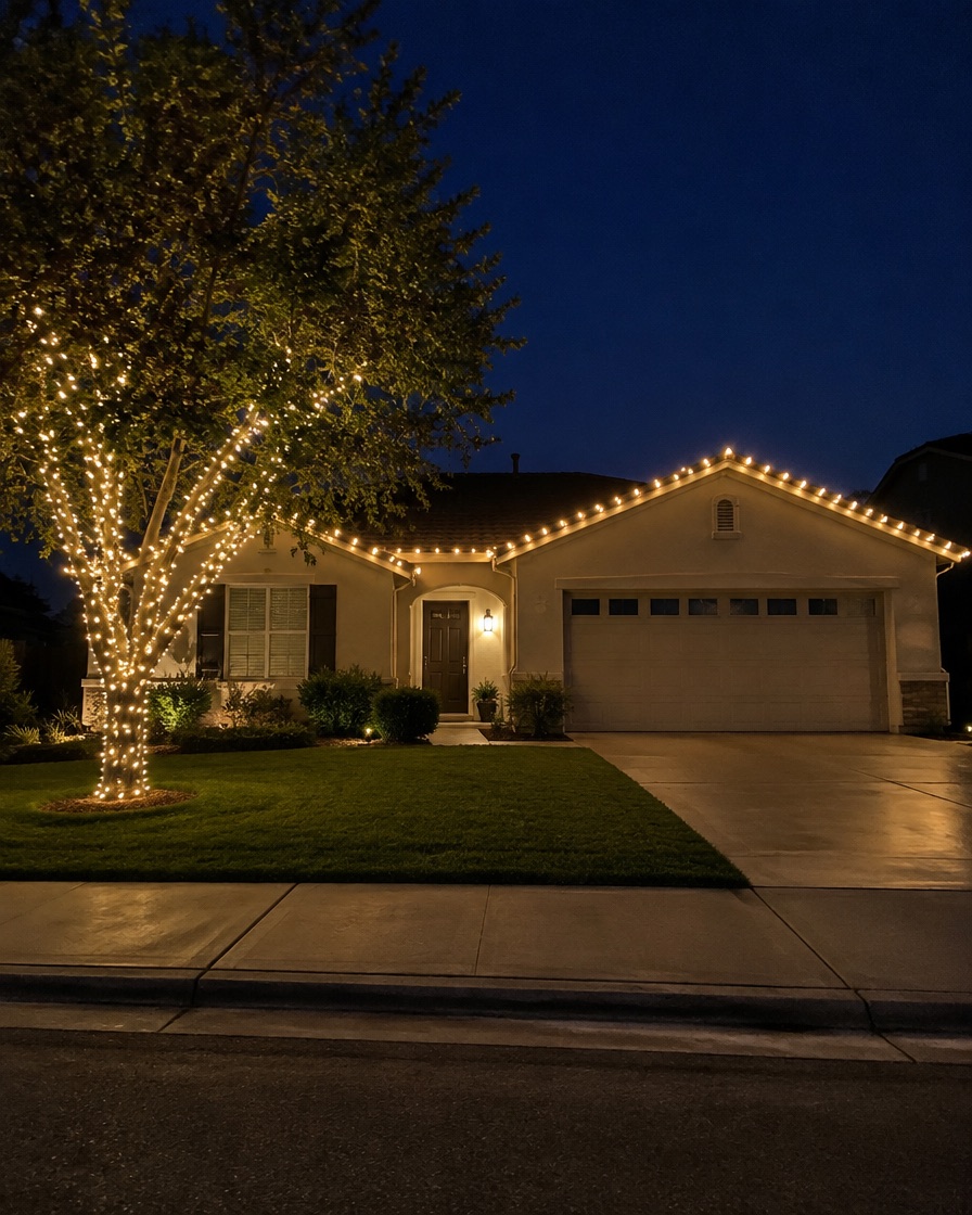 Single-story ranch home in Temecula at night with warm-white C9 roofline lights and a front tree wrapped in mini lights
